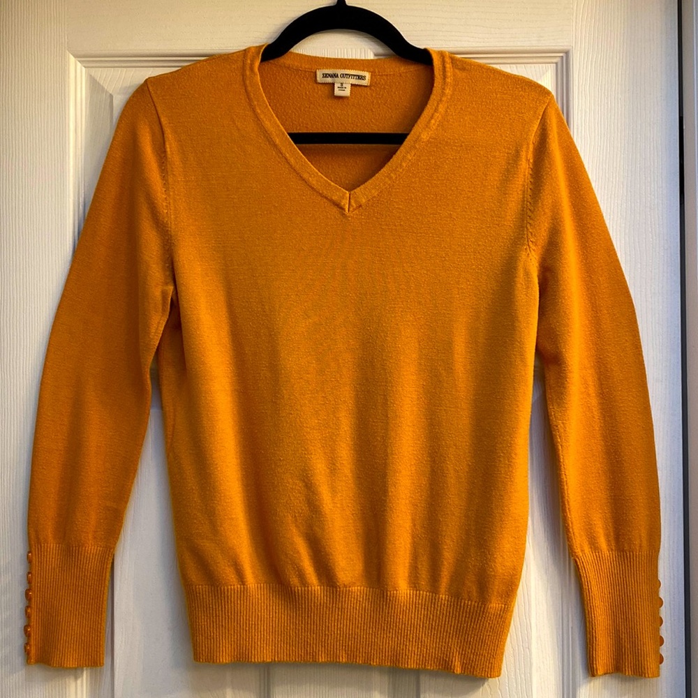 Zenana Outfitters orange v-neck button sleeve detail sweater